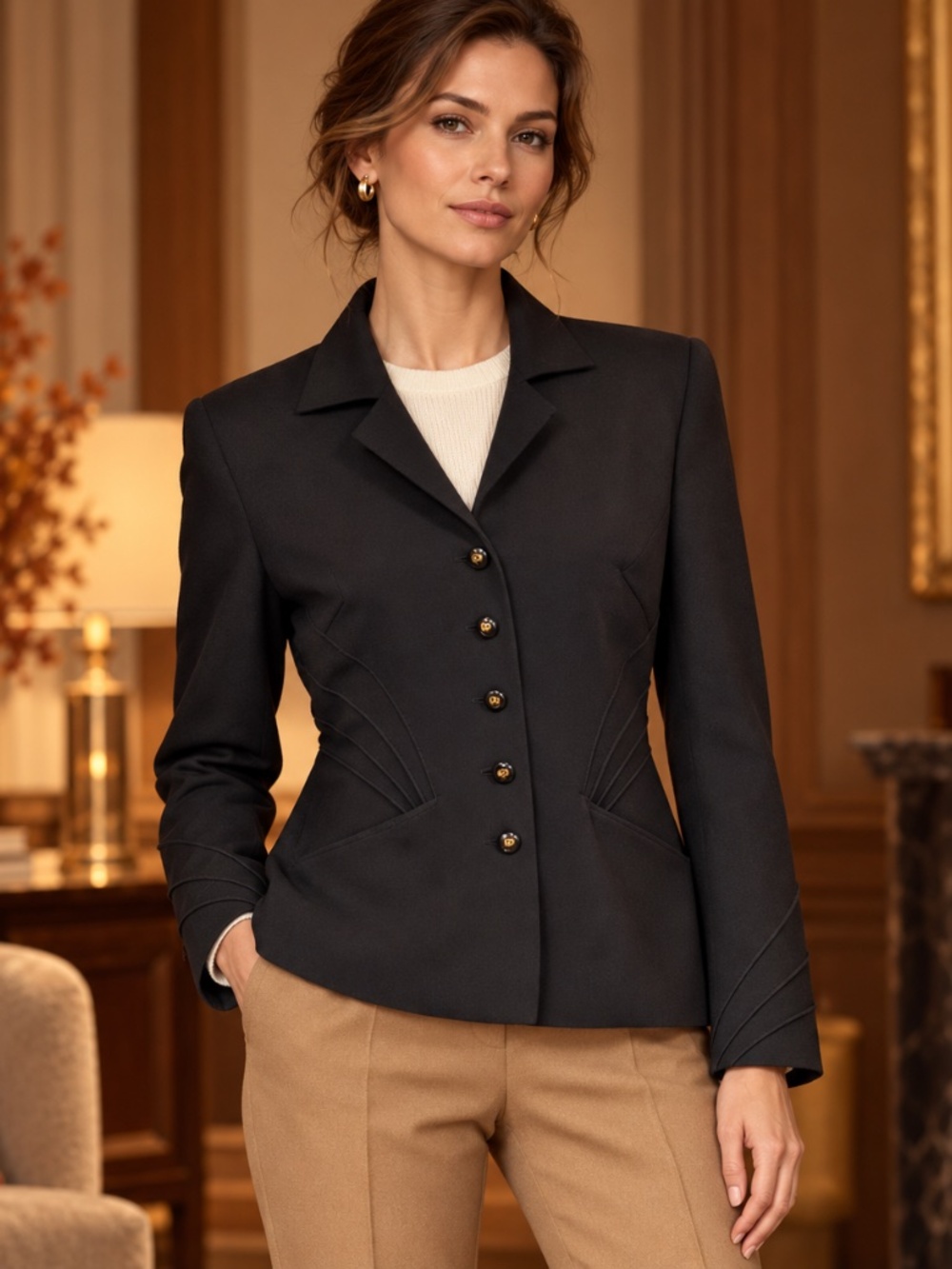 Escada Black Wool Tailored Jacket Blazer EU 36 US 4 Gold Button Designer